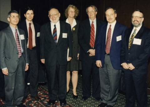 Keynote speakers at the inaugural International Conference on Emerging Infectious Diseases in Atlanta, March 8–11, 1998. Left to right: Anthony Fauci, David Heymann, Joshua Lederberg, Claire Broome, James Hughes, Guthrie Birkhead, D. Peter Drotman.